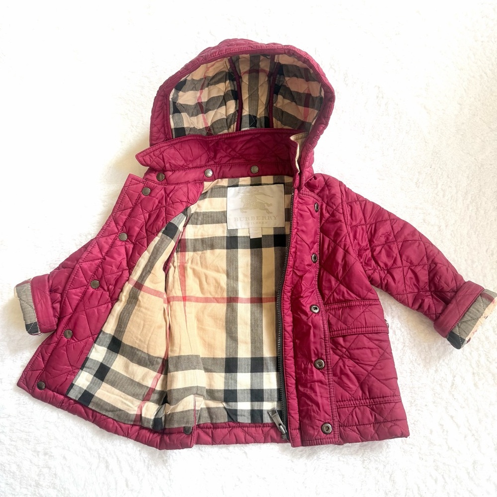 Burberry Baby Girls Puffer Jacket 12m Nova Check Berry Pink Horse Hooded Kids